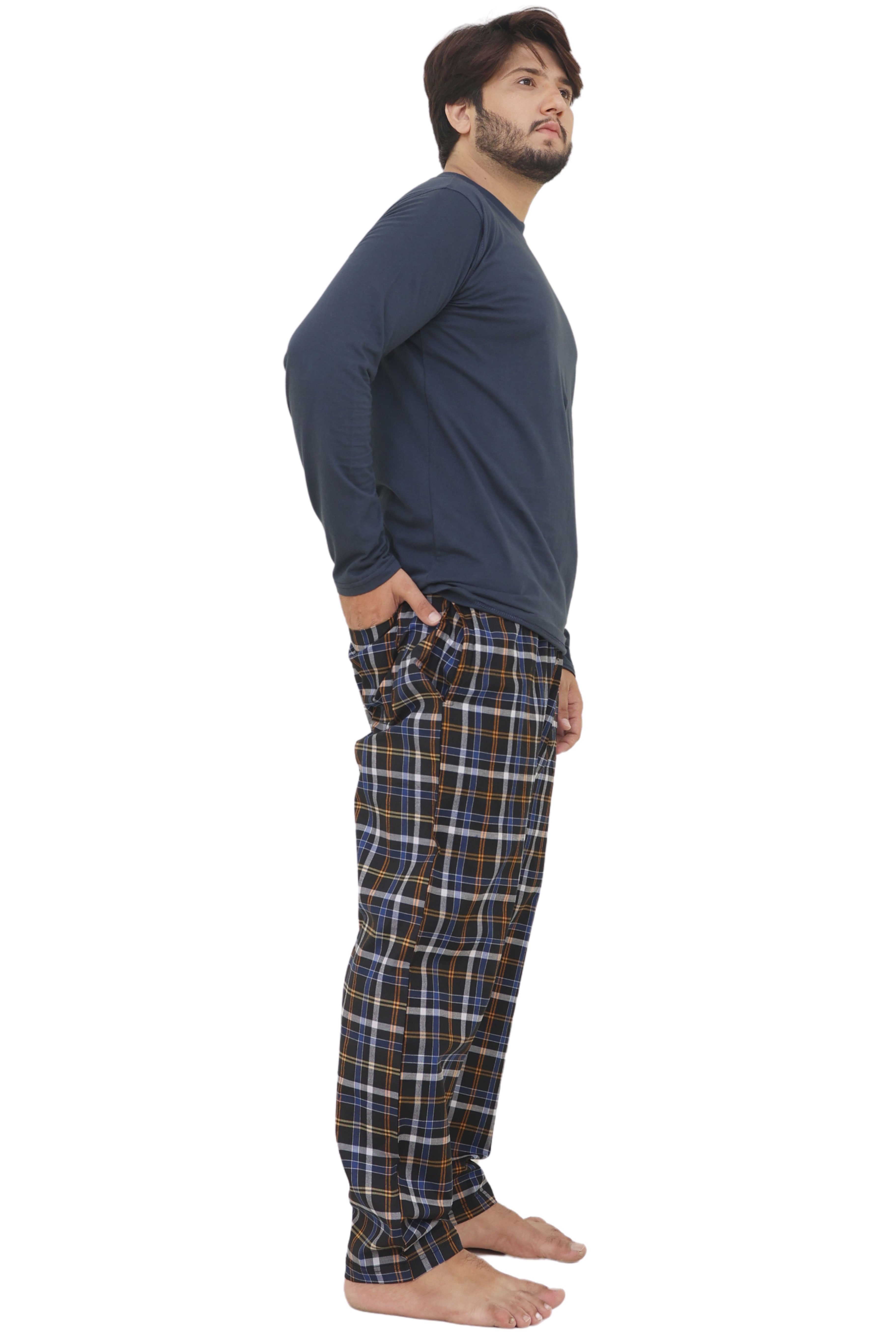 Bahob® Men's Pajamas Sets, Men Pjs Long Sleeve Loungewear Set for Men Check Bottoms Soft Cotton Sleepwear Suits Nightwear Top and Bottom S-3XL