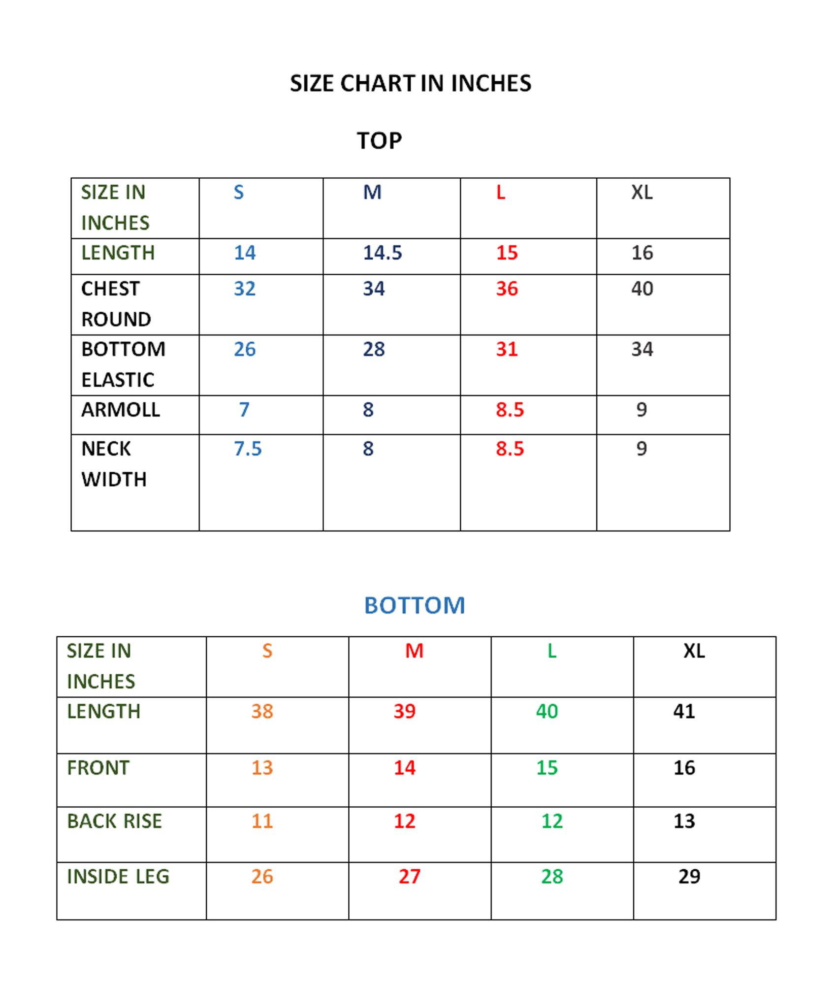 womens gym wear chart