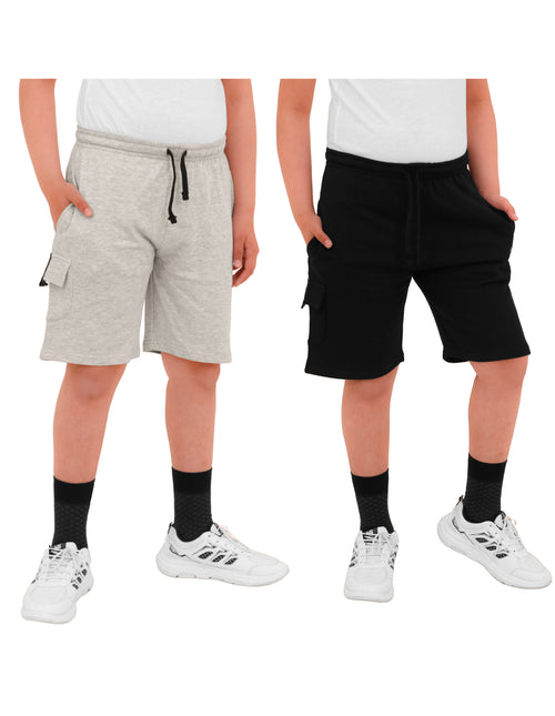2 Pack Boys Cargo Shorts with Pockets Kids Terry Fleece Short Summer Shorts Elasticated Waistband 5-14 Years