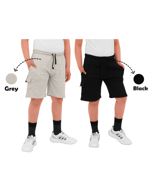 2 Pack Boys Cargo Shorts with Pockets Kids Terry Fleece Short Summer Shorts Elasticated Waistband 5-14 Years