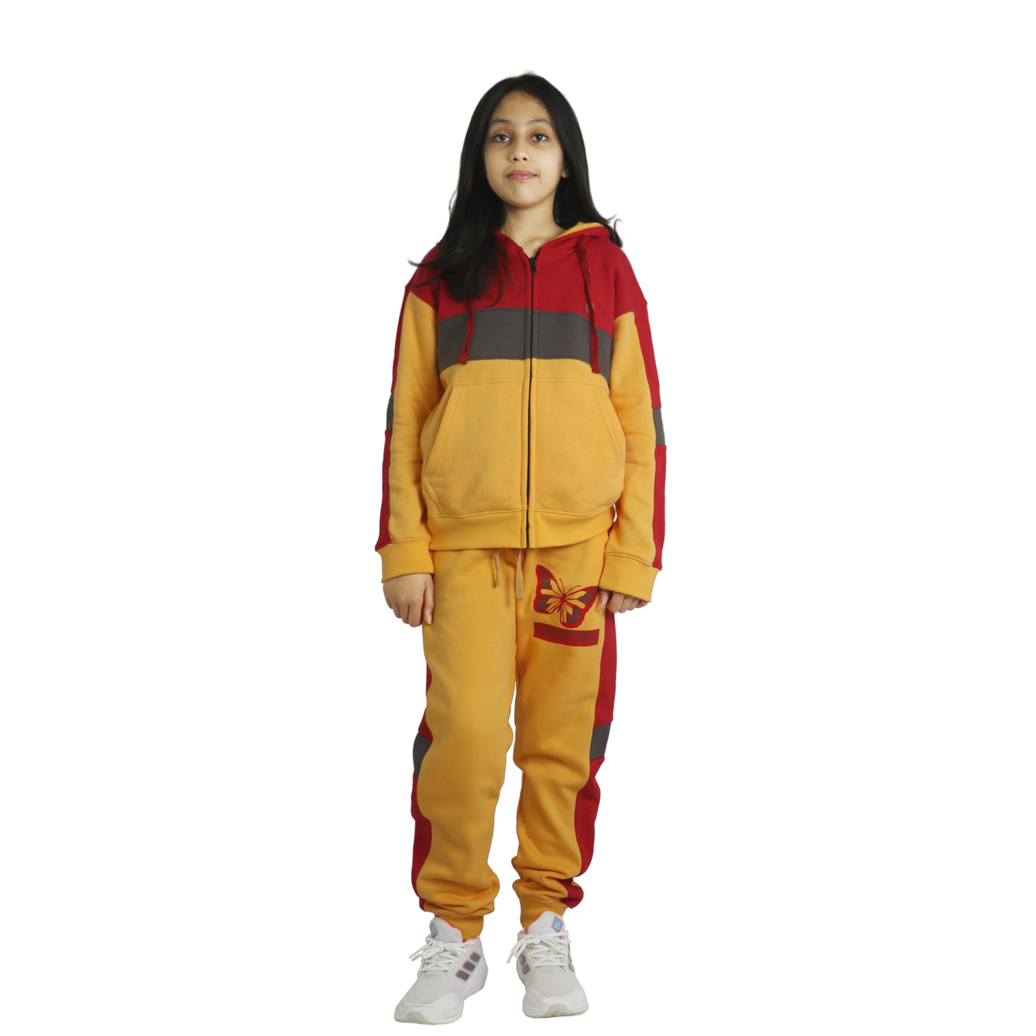 Bahob® Girls Tracksuits Set Top And Bottoms Fleece Zipper Hoodie Contrast Panel Butterfly Print Girl's Sportswear Set Tracksuits Activewear Set 3-14 Years