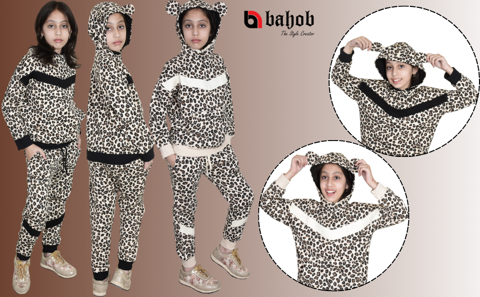 Bahob® 1 Pack Girls Tracksuits Set Cheetah Print Hoodie and Tracksuit Jogging Bottoms Kids Track Suits Activewear Sets for Girls 5-14 Years