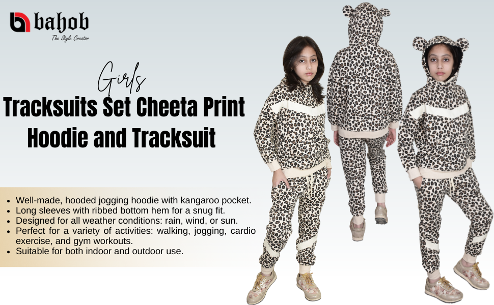 Bahob® 1 & 2 Pack Girls Tracksuits Set Cheeta Print Hoodie and Tracksuit Jogging Bottoms Kids Track Suits Activewear Sets for Girls 5-14 Years