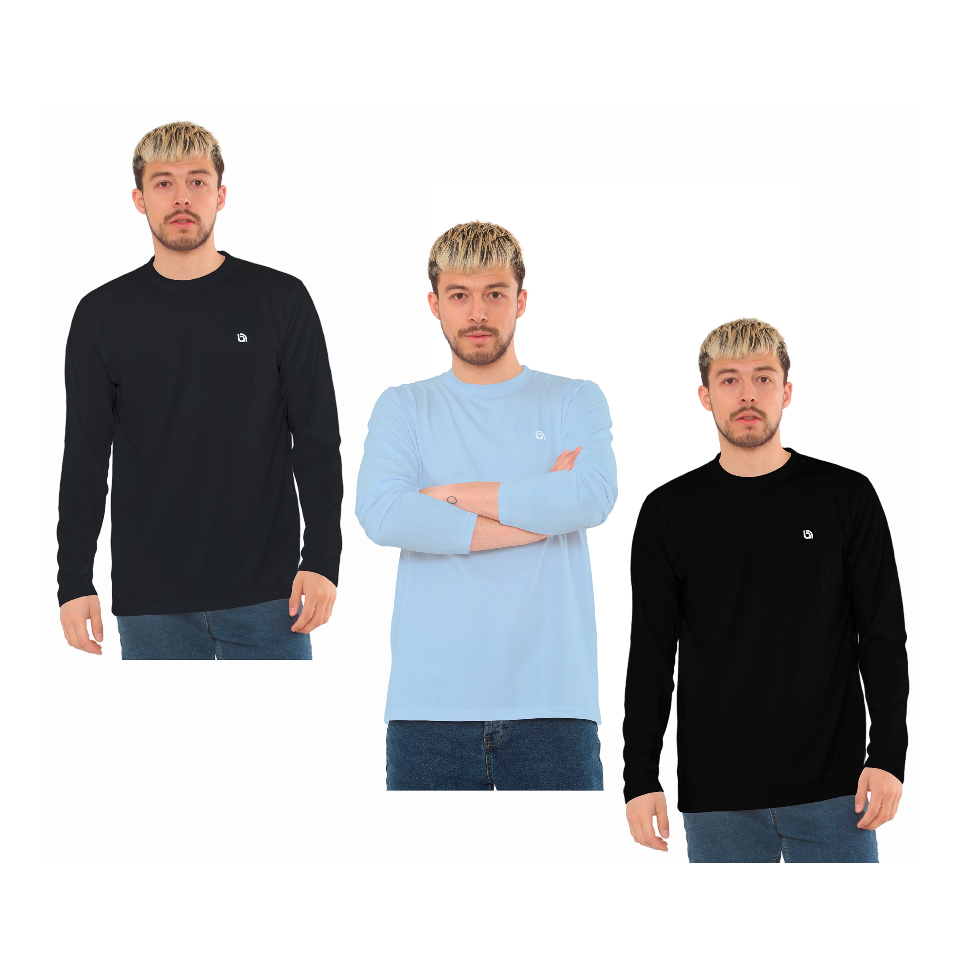 Bahob® 3 Pack Men's Long-Sleeved T-Shirt Round Neck T-Shirts Comfortable Crewneck Neck Tops for Men Soft Cotton S-3XL